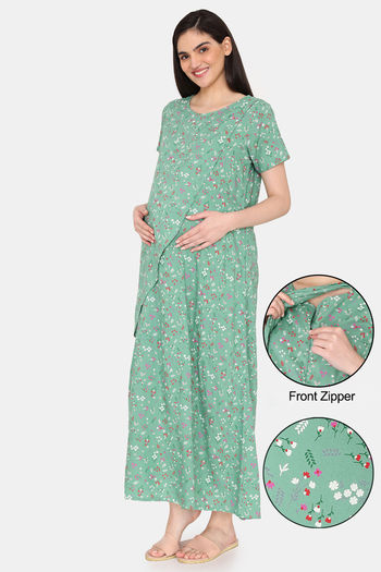 Buy Coucou Maternity Woven Full Length Loungewear Dress With Front Zipper And Discreet Feeding - Forest Green